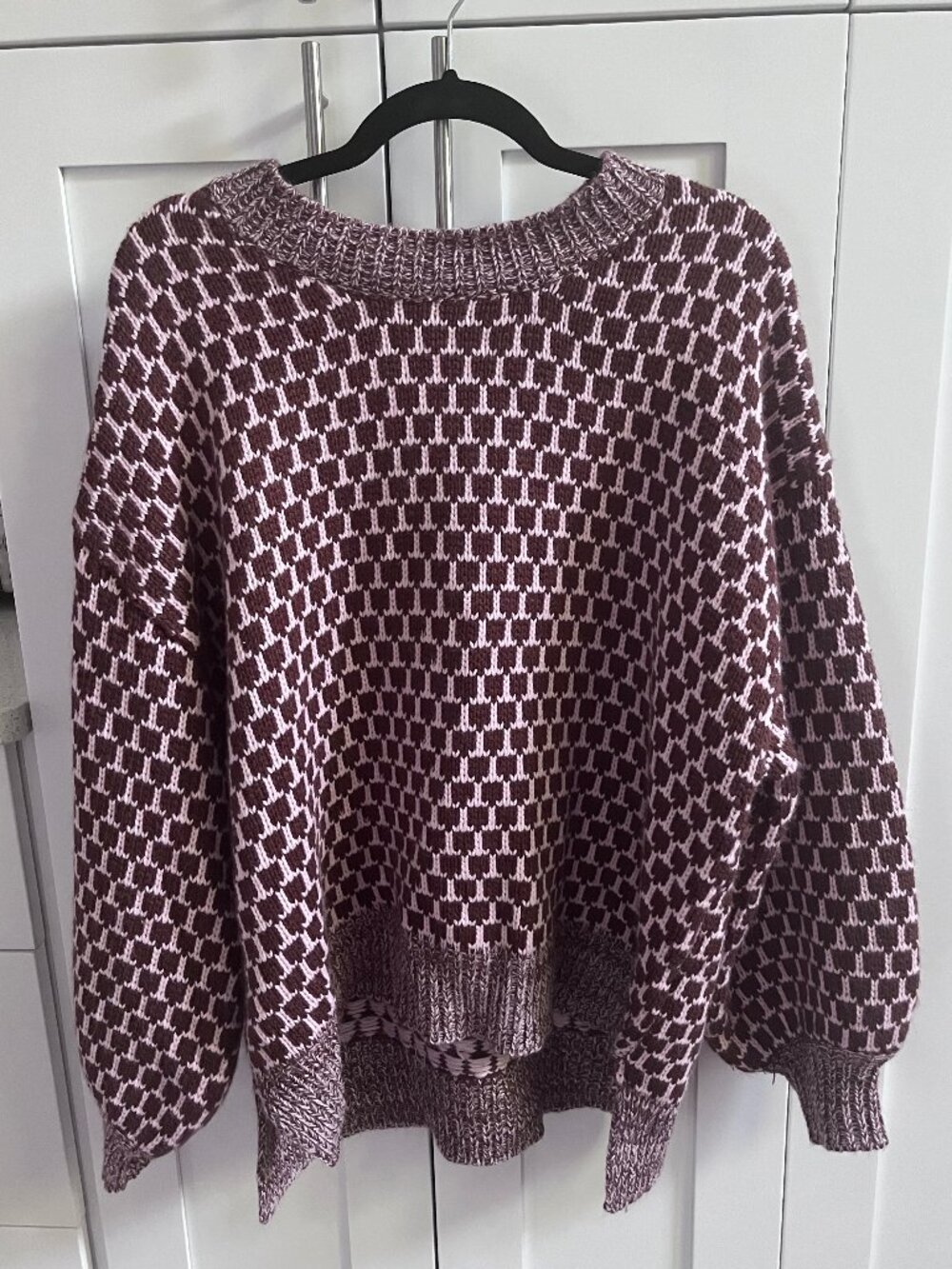 Altar'd State M Brown and Pink High Low Sweater with Balloon Sleeves